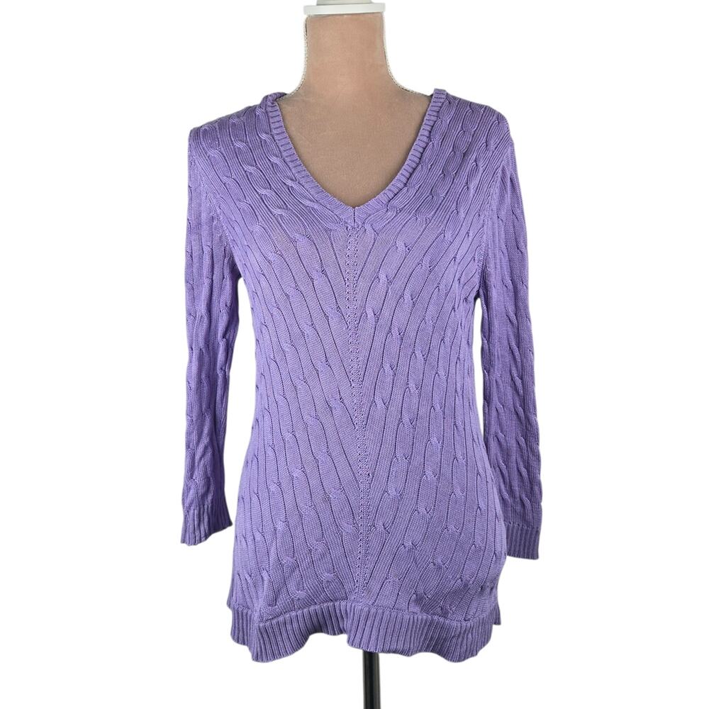 Lauren Ralph Lauren Silk Cable Knit V-Neck Sweater Lavender Medium